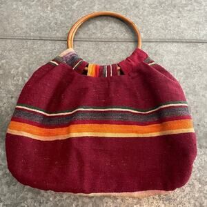 Vintage 70s Knapp Sacs California Round Knit Wood Handle Bag Purse Boho Aztec